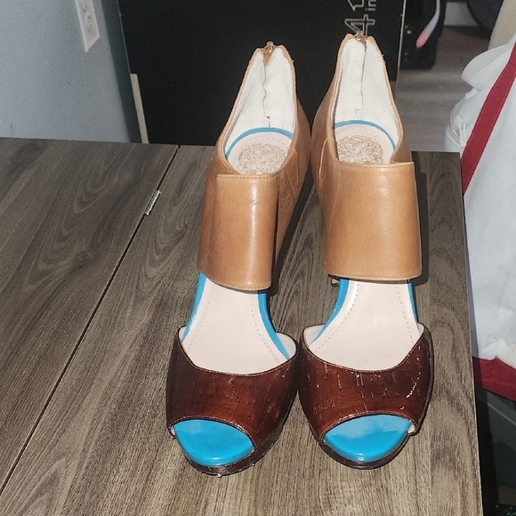 Vince Camuto Shoes - Vince Camuto Tan and Brown Heels with Blue Accents